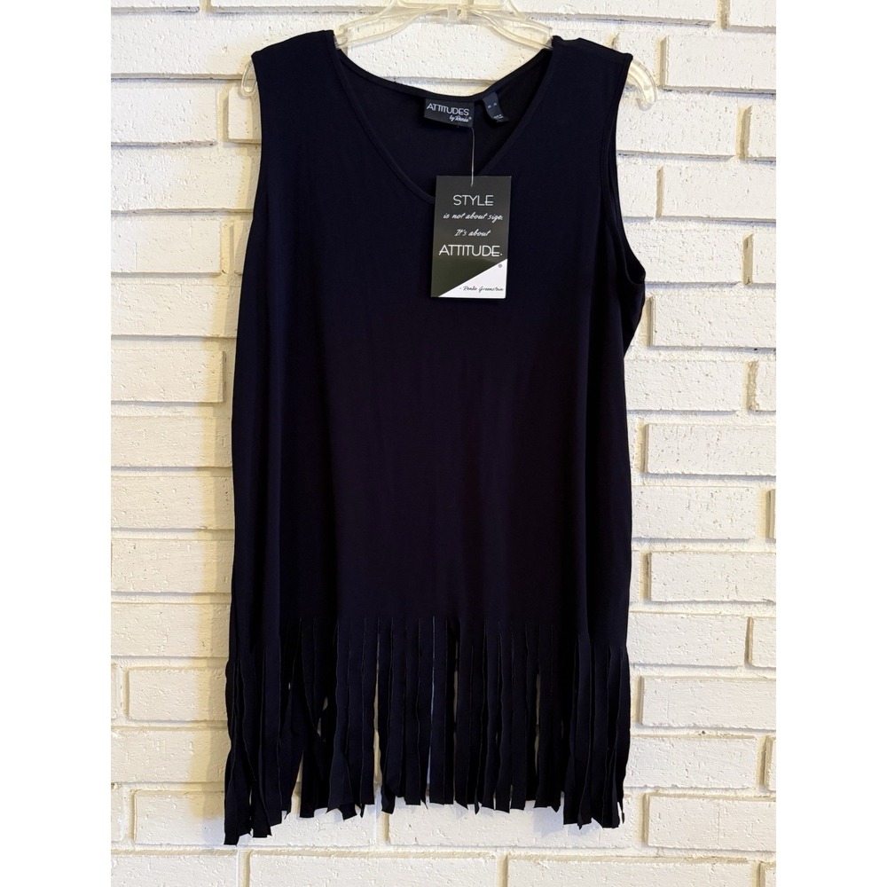 Attitudes by Renee Black Fringe Tunic Tank Top Size XL NWT NEW